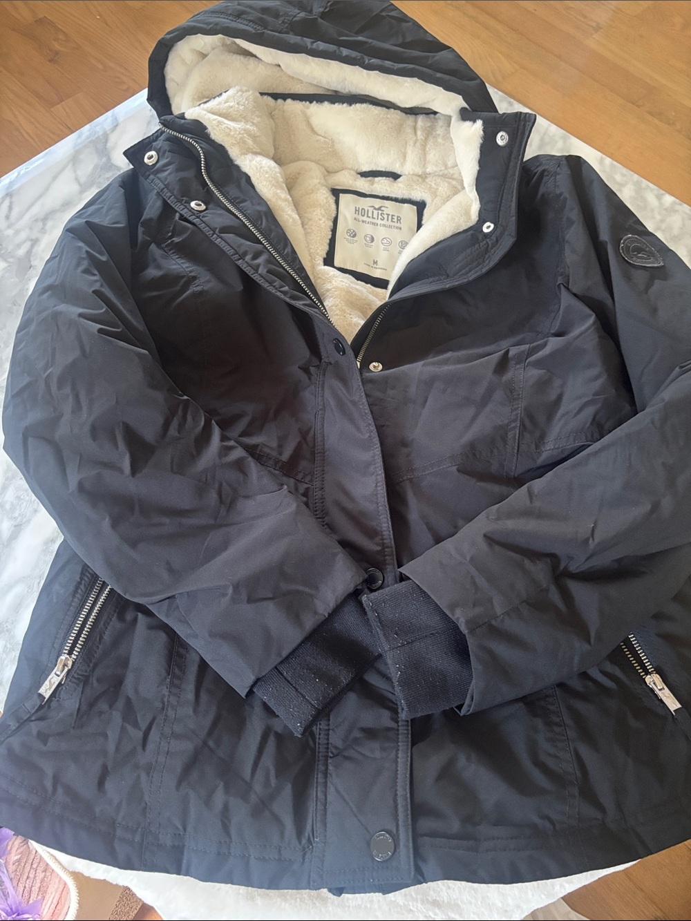 Hollister womens Black Hooded Field Jacket with Cream Sherpa Lining